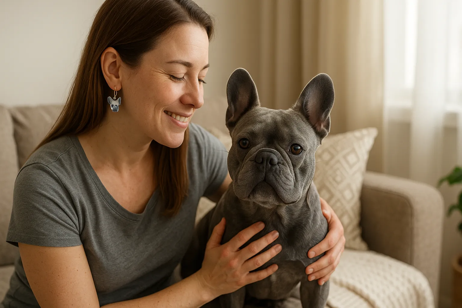 Smiling woman holds a gray French bulldog on a beige sofa in a sunlit living room, hands resting on the dog’s shoulders.