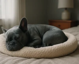 Gray French bulldog puppy sleeping curled in a cream sherpa donut dog bed on a neatly made bed in soft morning light by a window.