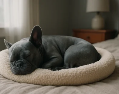 Gray French bulldog puppy sleeping curled in a cream sherpa donut dog bed on a neatly made bed in soft morning light by a window.