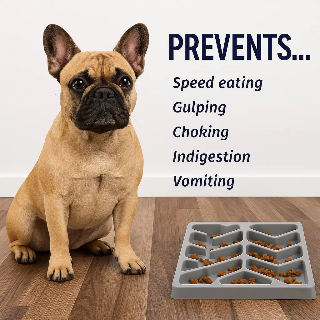 French bulldog sits beside a gray maze slow feeder tray on wood flooring; small portions of food are spaced across the channels.