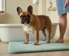 French bulldog standing on teal bath mat next to bathtub with person nearby.