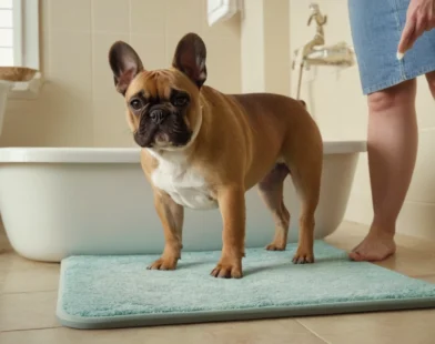 French bulldog standing on teal bath mat next to bathtub with person nearby.