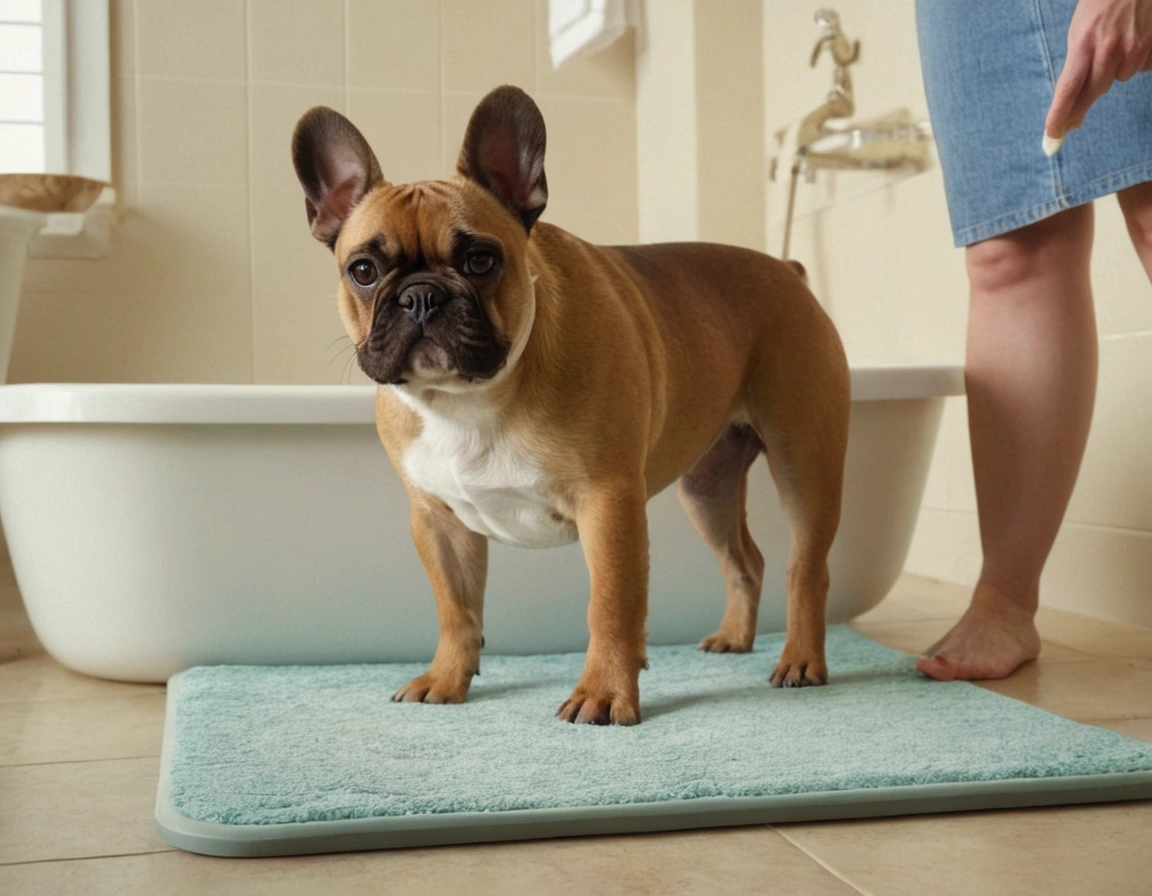 French bulldog standing on teal bath mat next to bathtub with person nearby.