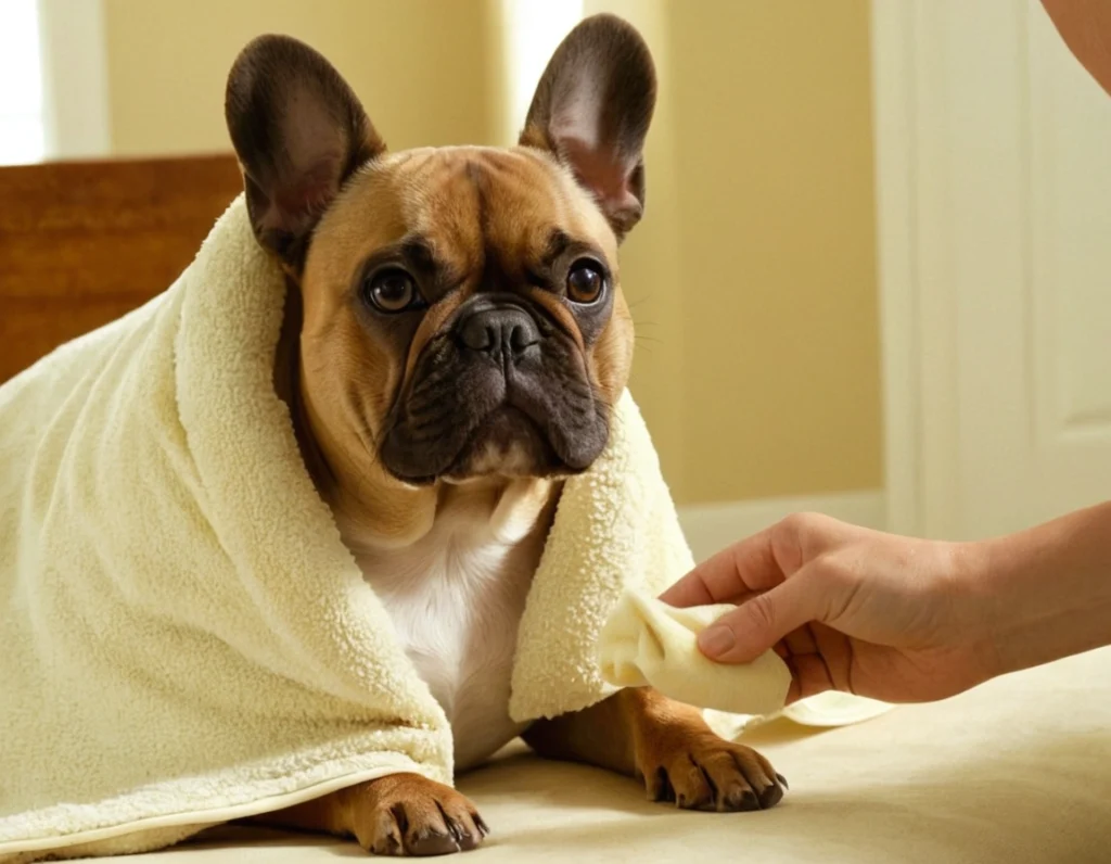 French bulldog wrapped in cream towel with hand drying its paw indoors.