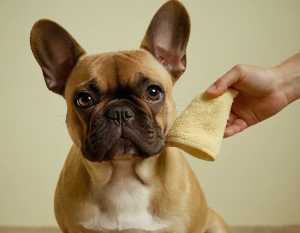 French bulldog face being gently dried with yellow towel by a hand.