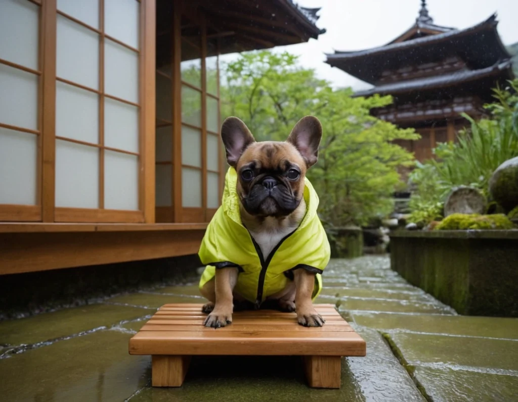 French bulldog in lime rain jacket on small wooden platform in stone courtyard with shoji screens and pagoda behind.