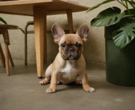Fawn French bulldog puppy on concrete floor beside green monstera planter and wooden dining table in soft indoor light.