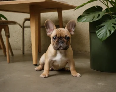 Fawn French bulldog puppy on concrete floor beside green monstera planter and wooden dining table in soft indoor light.