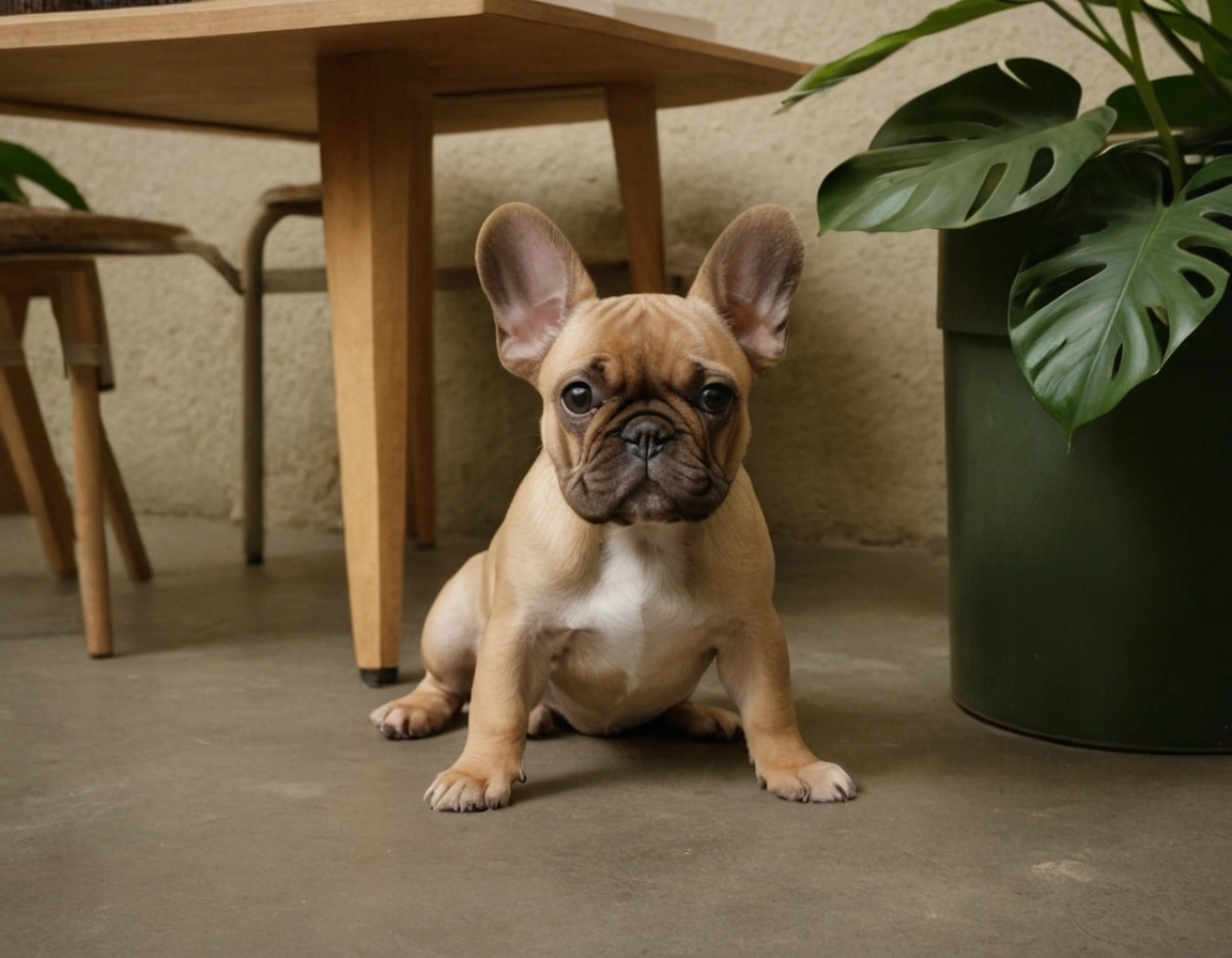 Fawn French bulldog puppy on concrete floor beside green monstera planter and wooden dining table in soft indoor light.