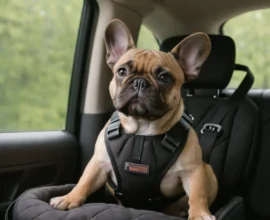 Fawn French bulldog wearing a black, padded harness on a car back seat dog bed, tether straps and metal buckles clearly visible.