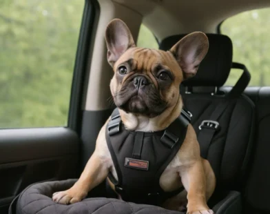 Fawn French bulldog wearing a black, padded harness on a car back seat dog bed, tether straps and metal buckles clearly visible.