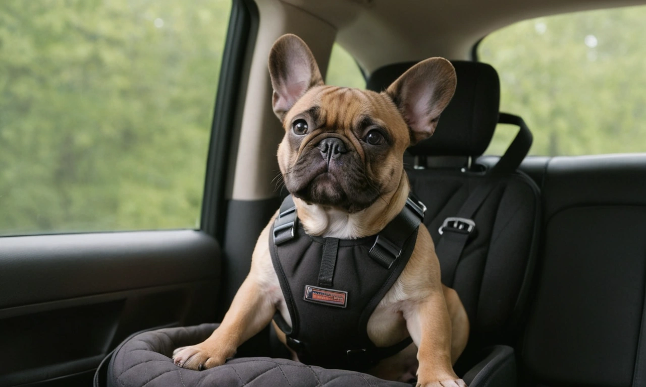 Fawn French bulldog wearing a black, padded harness on a car back seat dog bed, tether straps and metal buckles clearly visible.