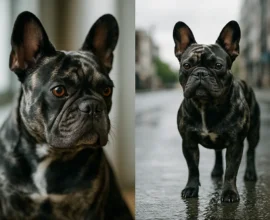 Split view: left close-up indoors; right brindle French Bulldog standing on wet city street, amber eyes and upright ears.