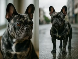 Split view: left close-up indoors; right brindle French Bulldog standing on wet city street, amber eyes and upright ears.