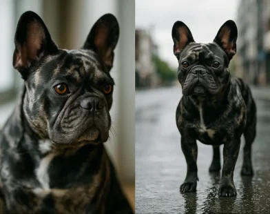 Split view: left close-up indoors; right brindle French Bulldog standing on wet city street, amber eyes and upright ears.