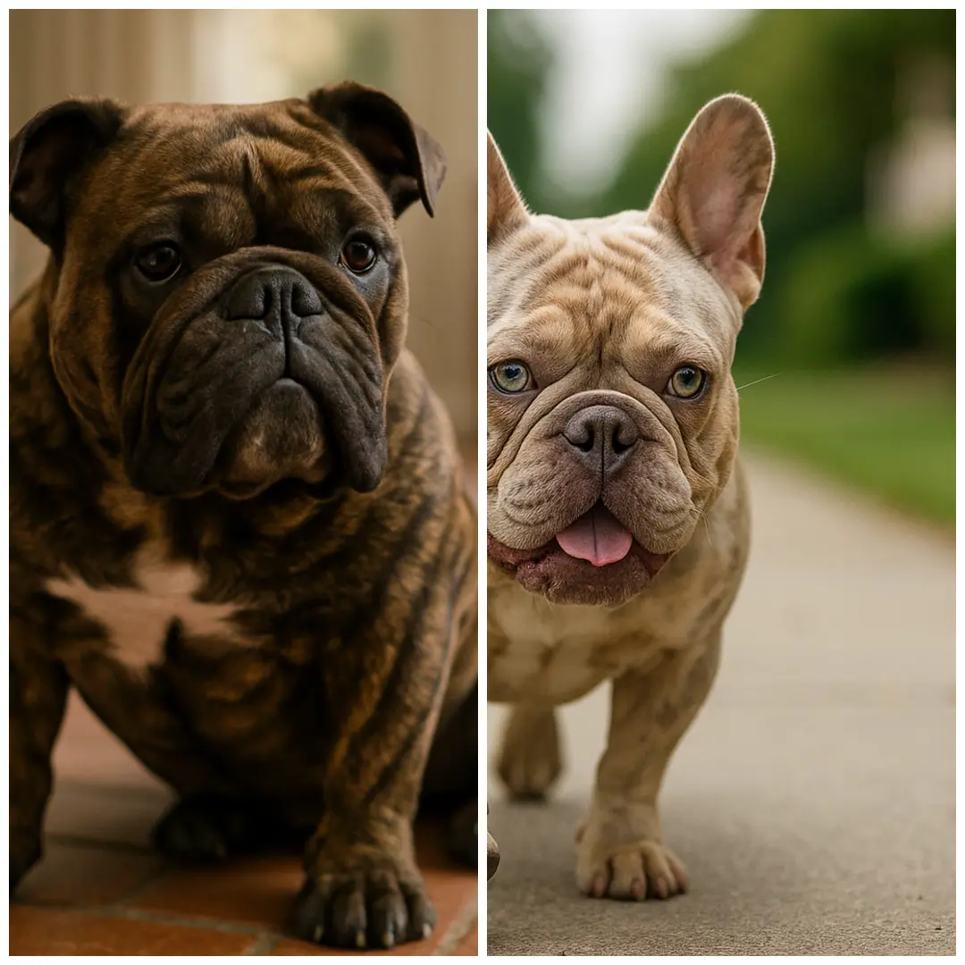 Two-panel collage with a brindle bulldog sitting indoors on left and a merle French bulldog outdoors on right, tongue out.