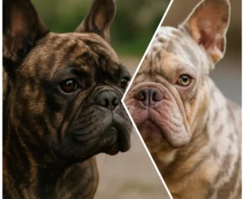 Diagonal split image of close-up profiles of brindle and merle French bulldogs, showing bat ears, muzzles, and an alert gaze.