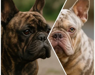 Diagonal split image of close-up profiles of brindle and merle French bulldogs, showing bat ears, muzzles, and an alert gaze.