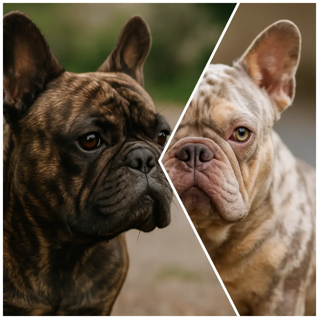 Diagonal split image of close-up profiles of brindle and merle French bulldogs, showing bat ears, muzzles, and an alert gaze.