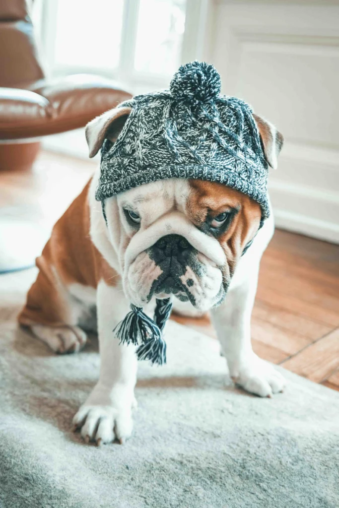 Brown and white English bulldog on a rug wearing a gray knit beanie with pom-pom and tassel ties, looking down.