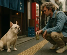 Man in denim jacket crouches on narrow street, holding treat toward cream French bulldog by shopfront and red vending machine.