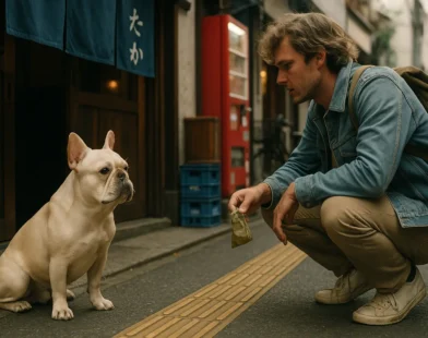 Man in denim jacket crouches on narrow street, holding treat toward cream French bulldog by shopfront and red vending machine.