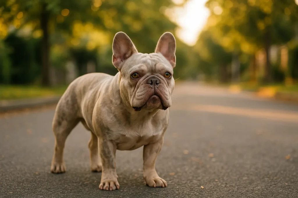Merle French bulldog standing on a quiet tree-lined road at golden hour, facing the camera with upright ears and amber eyes.