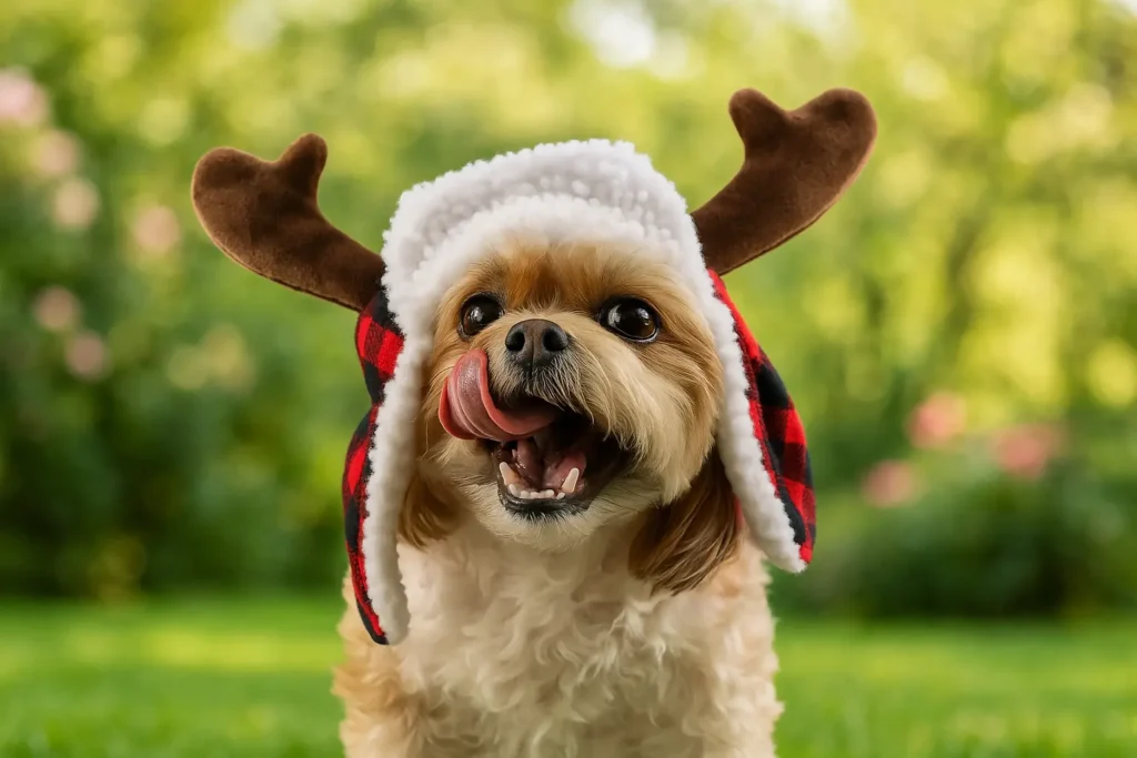 Small fluffy dog licking its nose, wearing a sherpa-lined trapper hat with plush antlers and plaid ear flaps on a green background.