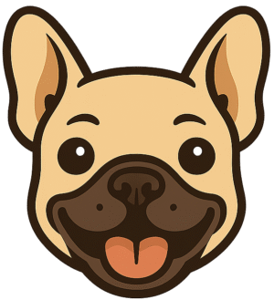 Cartoon-style French Bulldog face logo with tan fur, dark muzzle, and round background in warm orange tones.