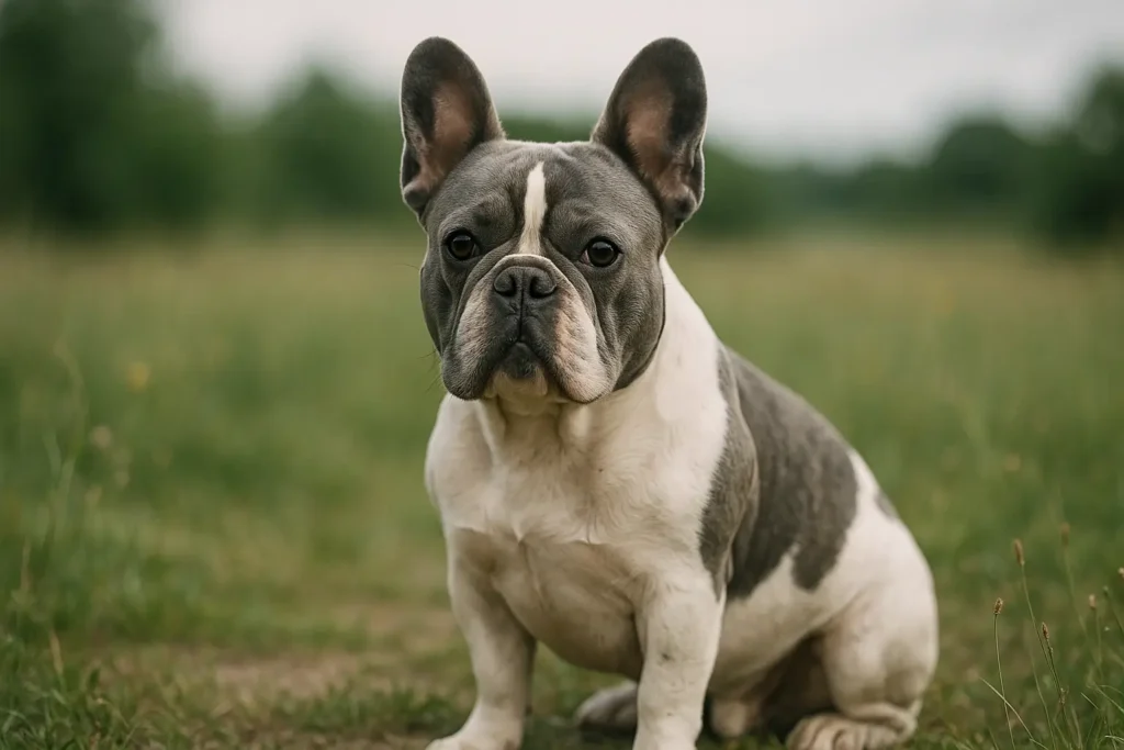 French bulldog sitting on a cobblestone path with trees behind, relaxed but attentive