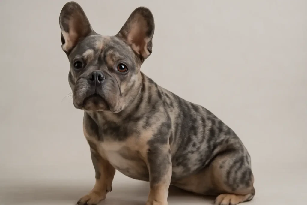 A Blue Merle French Bulldog sitting, highlighting its rare marbled coat and alert expression.