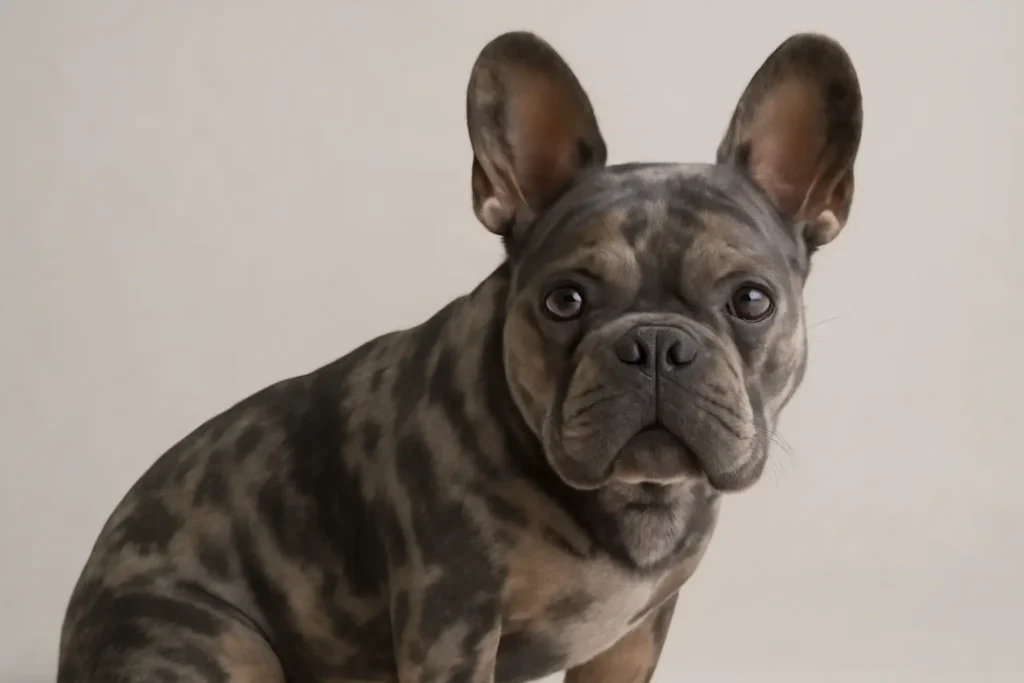 Close-up of a Blue Merle French Bulldog with distinctive marbled fur and intense eyes.