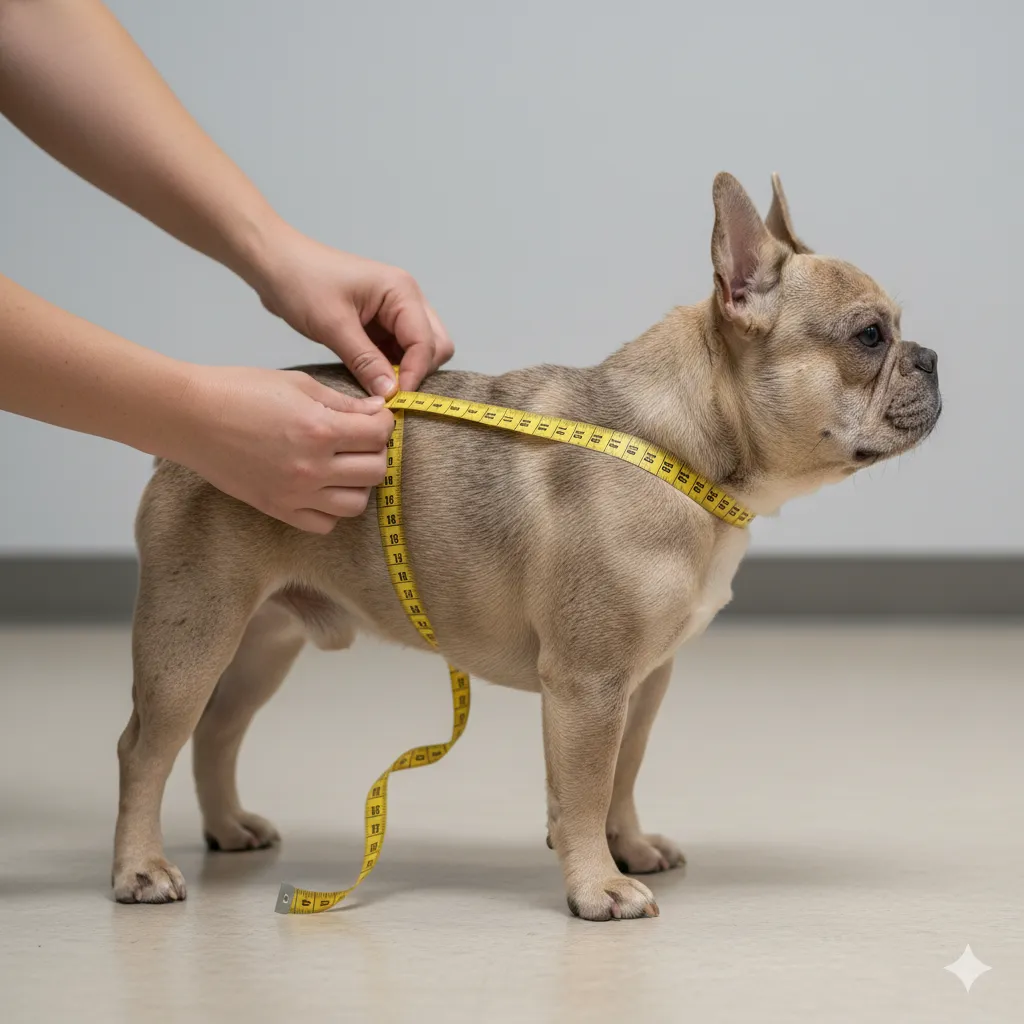 Person measuring a light-colored French Bulldog’s chest with a yellow measuring tape